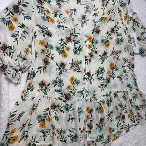 Lucky Brand White Floral Blouse with Green and Yellow Accents